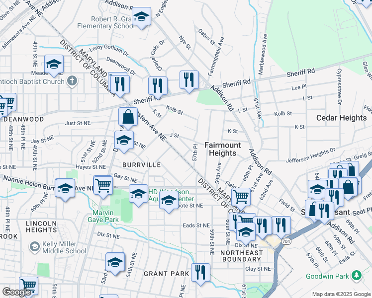 map of restaurants, bars, coffee shops, grocery stores, and more near 5715 Jost Street in Fairmount Heights