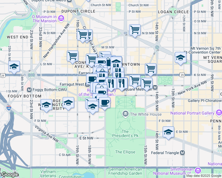 map of restaurants, bars, coffee shops, grocery stores, and more near 820 Connecticut Avenue Northwest in Washington