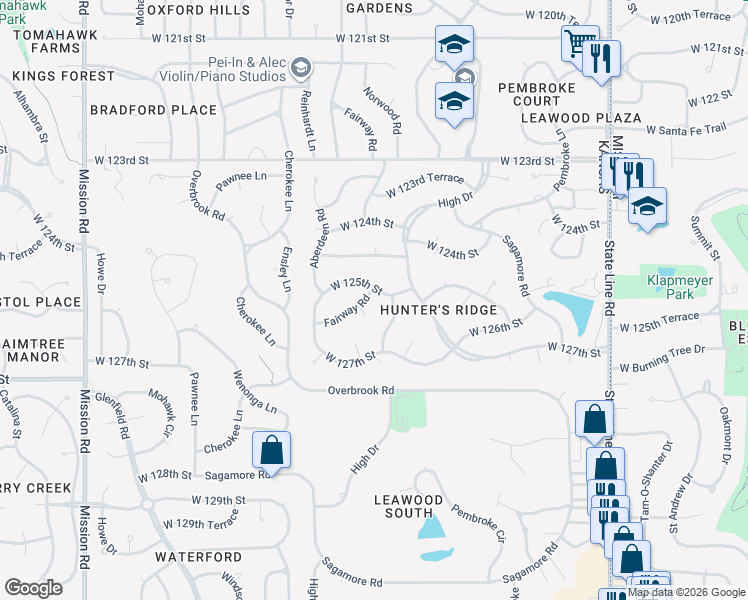 map of restaurants, bars, coffee shops, grocery stores, and more near 12500 Fairway Road in Leawood
