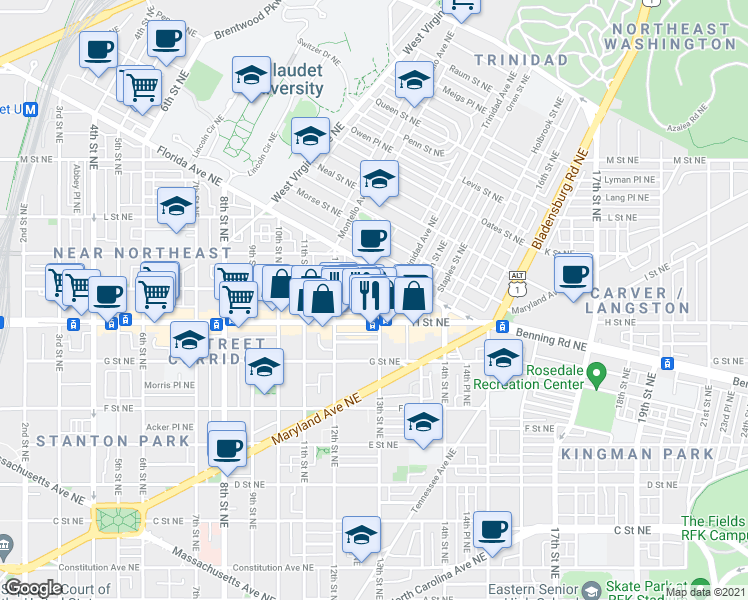 map of restaurants, bars, coffee shops, grocery stores, and more near 822 13th Street Northeast in Washington