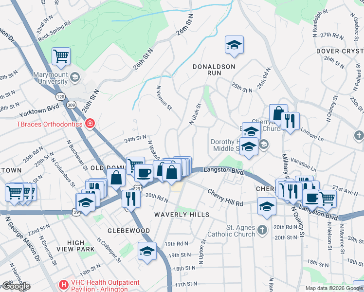map of restaurants, bars, coffee shops, grocery stores, and more near 2301 North Vermont Street in Arlington