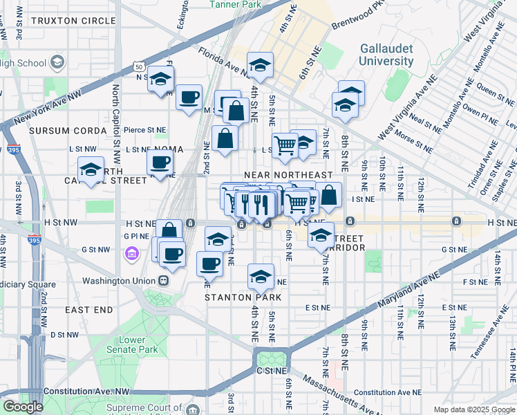map of restaurants, bars, coffee shops, grocery stores, and more near 827 4th Street Northeast in Washington