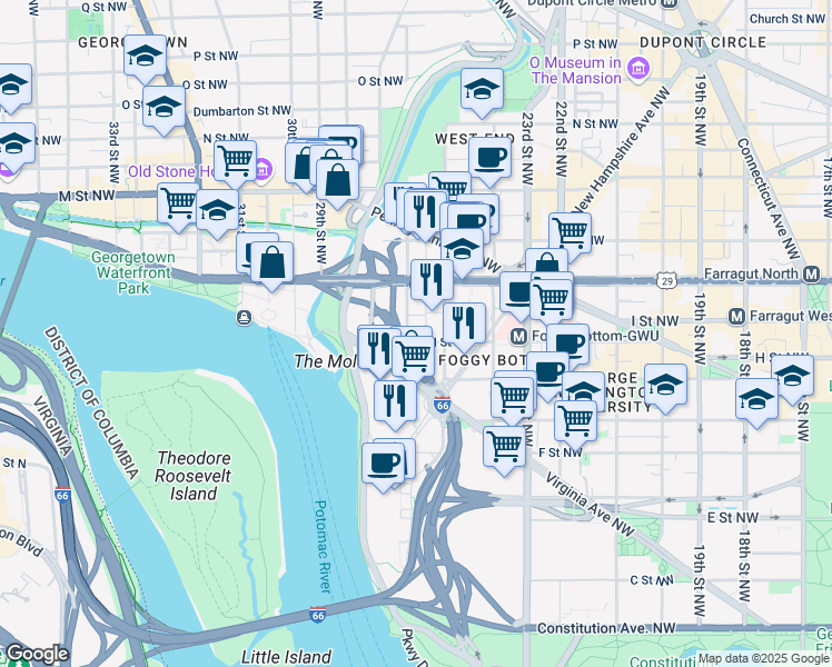 map of restaurants, bars, coffee shops, grocery stores, and more near 2527 I Street Northwest in Washington