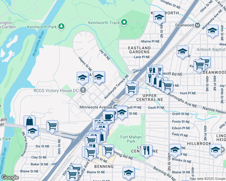 map of restaurants, bars, coffee shops, grocery stores, and more near 765 Kenilworth Terrace Northeast in Washington