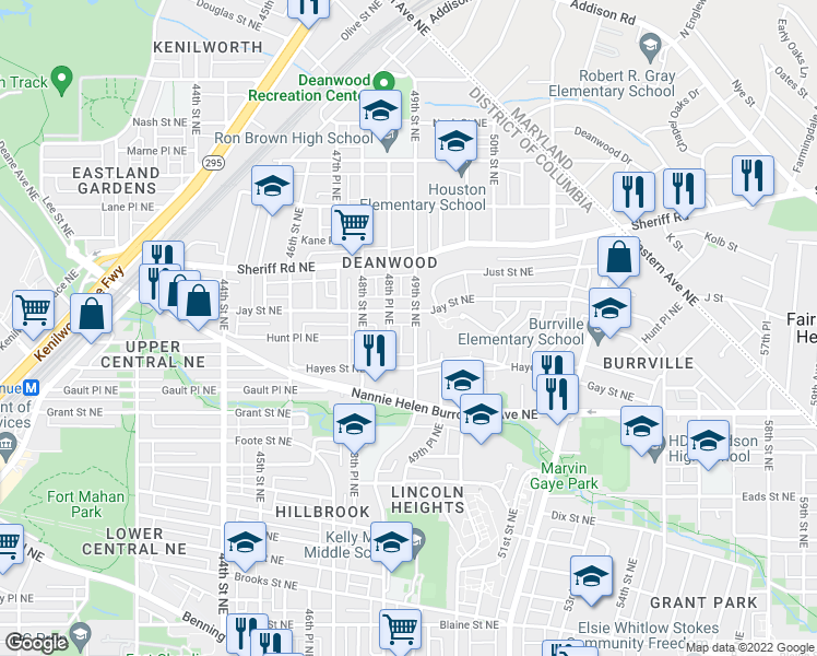 map of restaurants, bars, coffee shops, grocery stores, and more near 836 49th Street Northeast in Washington