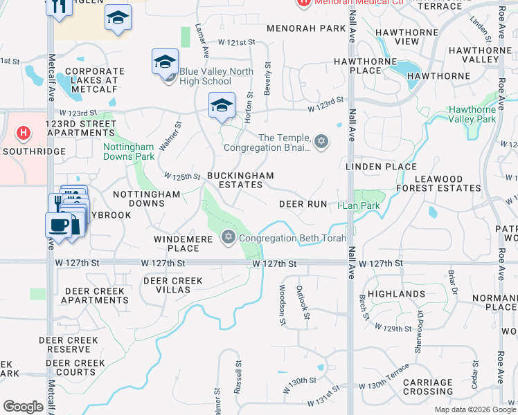 map of restaurants, bars, coffee shops, grocery stores, and more near 6009 West 124th Terrace in Leawood