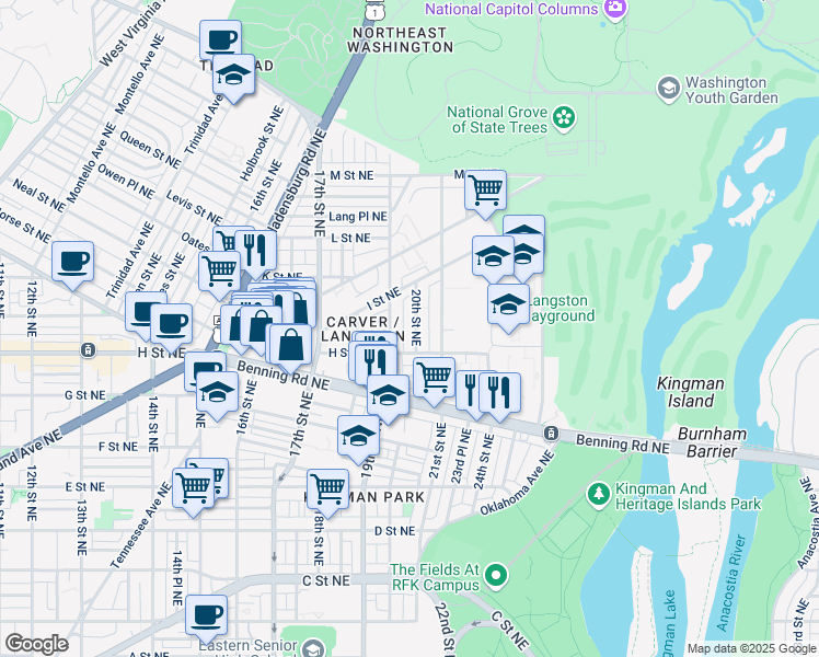 map of restaurants, bars, coffee shops, grocery stores, and more near 826 20th Street Northeast in Washington