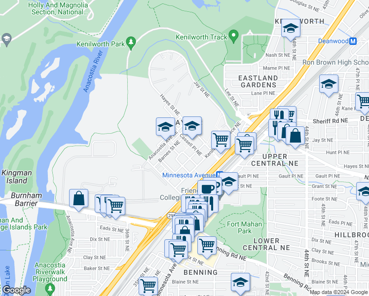 map of restaurants, bars, coffee shops, grocery stores, and more near 3722 Grant Place Northeast in Washington