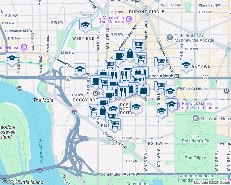 map of restaurants, bars, coffee shops, grocery stores, and more near 2121 I Street Northwest in Washington