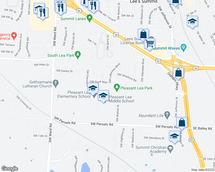 map of restaurants, bars, coffee shops, grocery stores, and more near 1102 Southwest Lakeview Boulevard in Lee's Summit