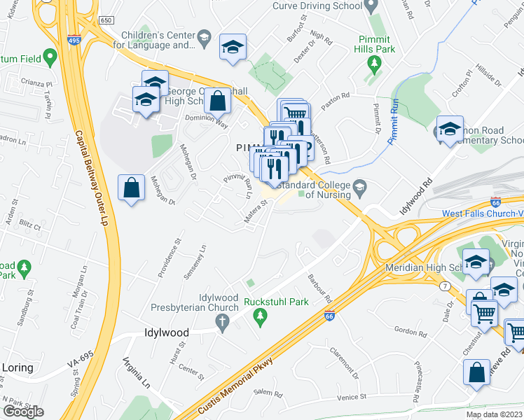 map of restaurants, bars, coffee shops, grocery stores, and more near 7600 Ledford Street in Falls Church