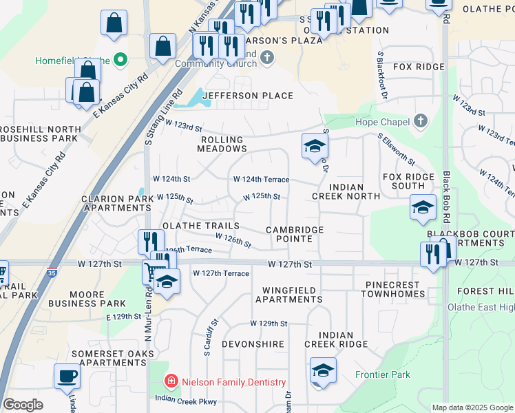 map of restaurants, bars, coffee shops, grocery stores, and more near 16108 West 125th Terrace in Olathe