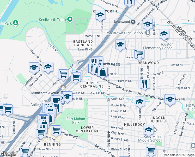 map of restaurants, bars, coffee shops, grocery stores, and more near 4309 Nannie Helen Burroughs Avenue Northeast in Washington