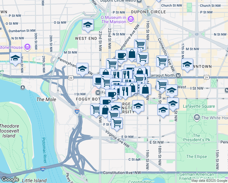 map of restaurants, bars, coffee shops, grocery stores, and more near 2141 I Street Northwest in Washington
