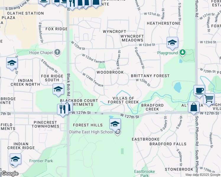 map of restaurants, bars, coffee shops, grocery stores, and more near 12489 South Acuff Court in Olathe
