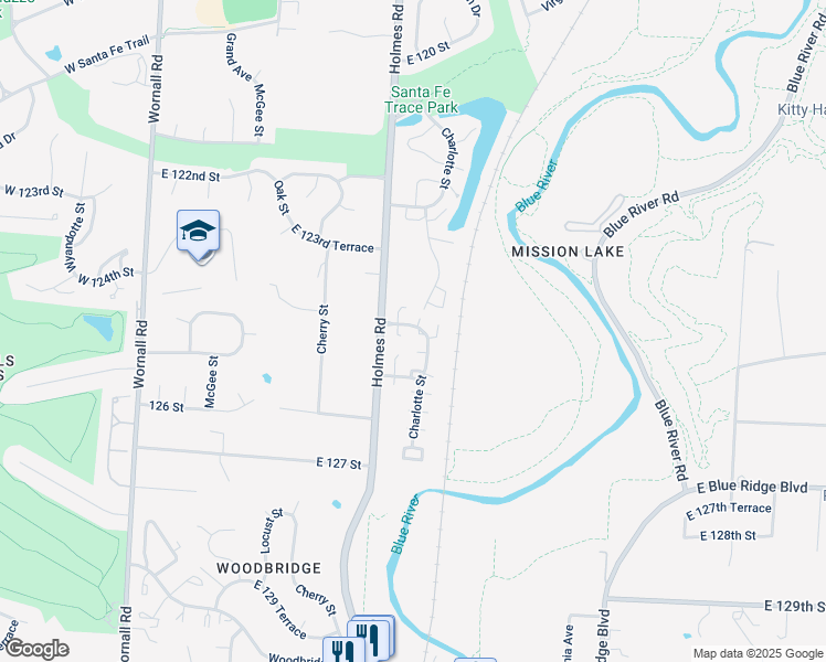 map of restaurants, bars, coffee shops, grocery stores, and more near 741 East 124 Street in Kansas City