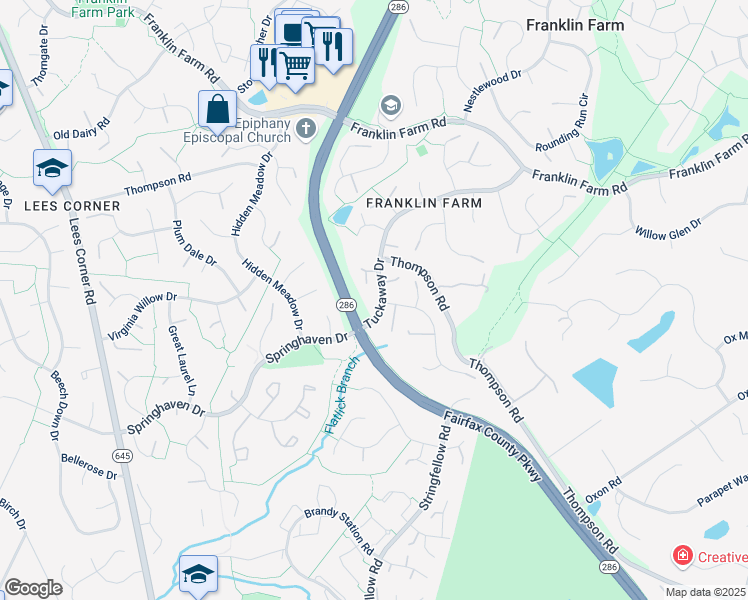 map of restaurants, bars, coffee shops, grocery stores, and more near 13318 Tuckaway Drive in Fairfax