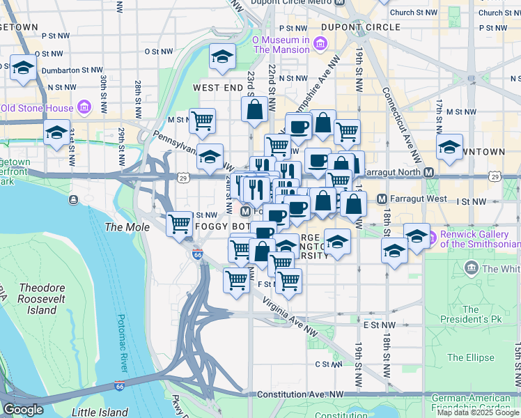 map of restaurants, bars, coffee shops, grocery stores, and more near 2221 I Street Northwest in Washington