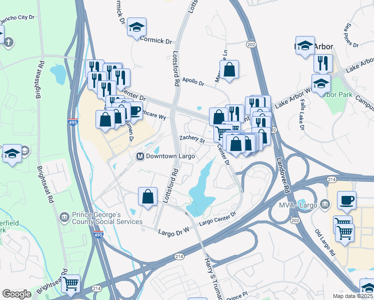 map of restaurants, bars, coffee shops, grocery stores, and more near 10006 Laforge Lane in Upper Marlboro
