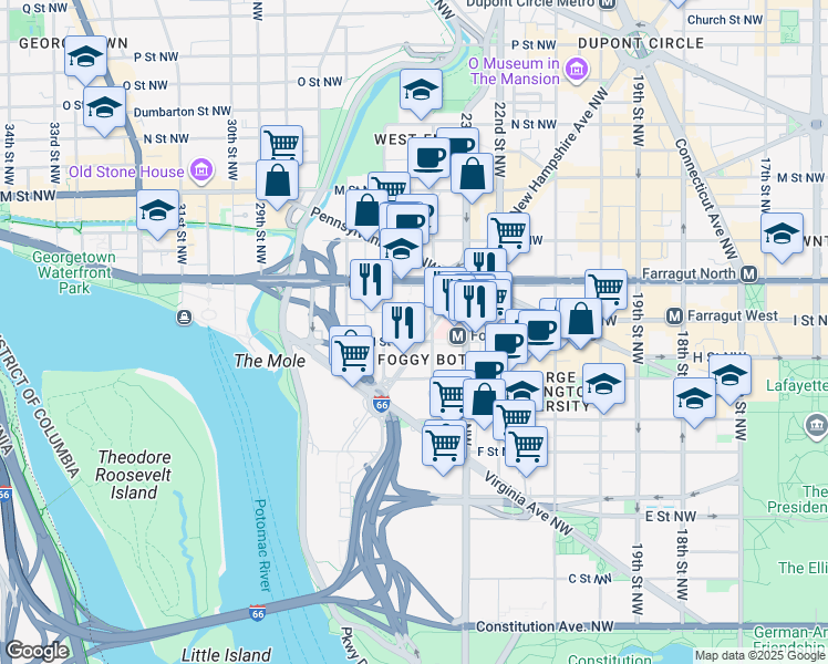 map of restaurants, bars, coffee shops, grocery stores, and more near 2405 I Street Northwest in Washington