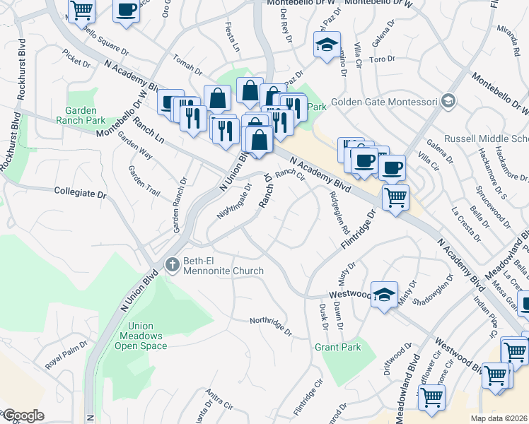map of restaurants, bars, coffee shops, grocery stores, and more near 4729 Ranch Dr in Colorado Springs