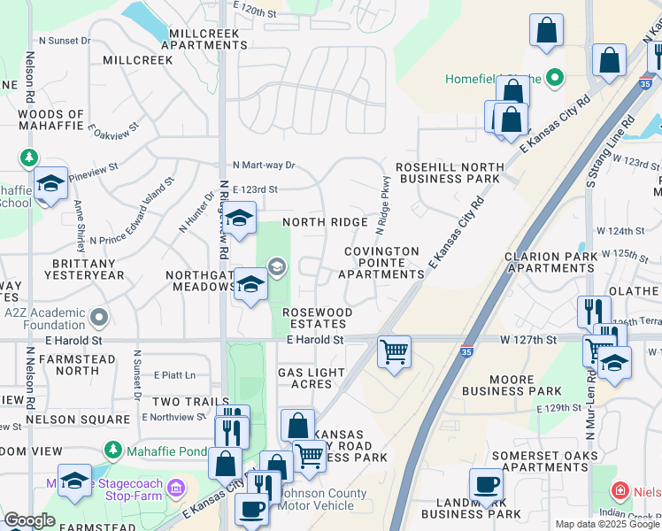 map of restaurants, bars, coffee shops, grocery stores, and more near 1290 North Mart-way Drive in Olathe
