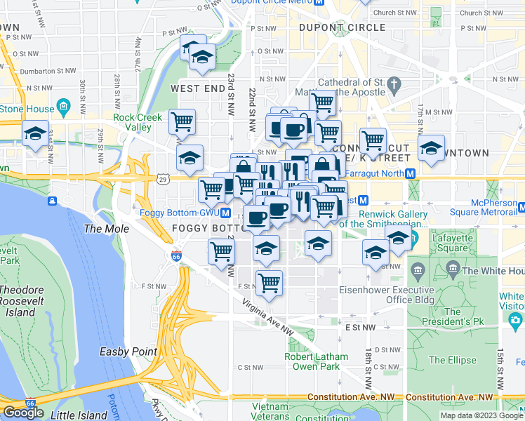 map of restaurants, bars, coffee shops, grocery stores, and more near 101 Independence Avenue Southeast in Washington