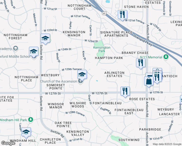 map of restaurants, bars, coffee shops, grocery stores, and more near 12545 Knox Street in Overland Park