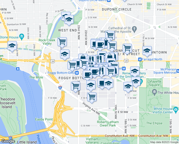 map of restaurants, bars, coffee shops, grocery stores, and more near 2141 I Street Northwest in Washington