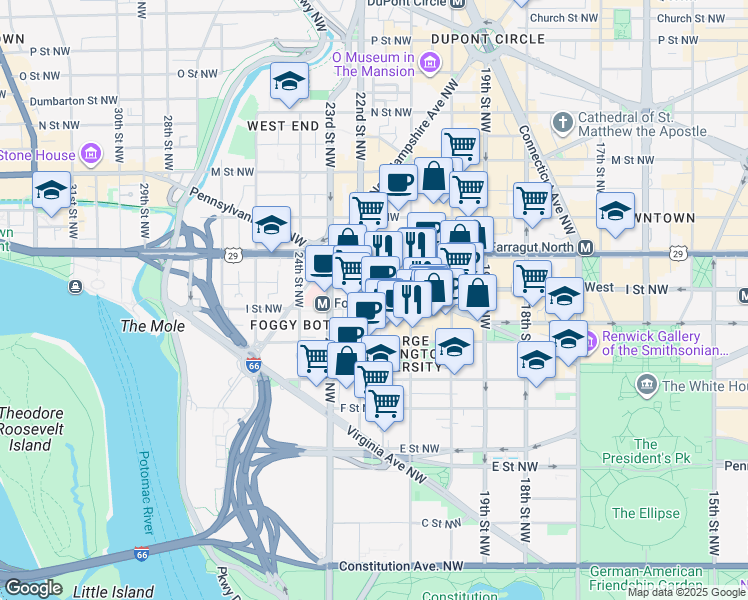 map of restaurants, bars, coffee shops, grocery stores, and more near 101 Independence Avenue Southeast in Washington