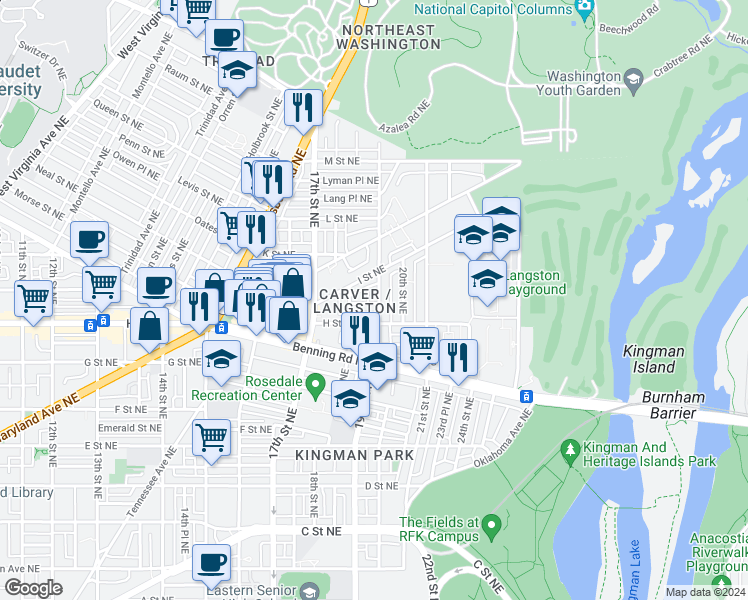 map of restaurants, bars, coffee shops, grocery stores, and more near 830 19th Street Northeast in Washington
