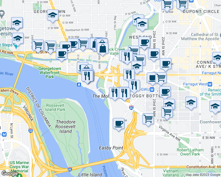 map of restaurants, bars, coffee shops, grocery stores, and more near 618 Virginia Avenue Northwest in Washington