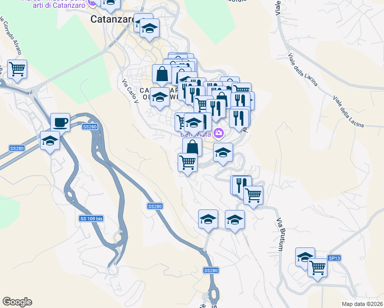 map of restaurants, bars, coffee shops, grocery stores, and more near 111 Via Domenico Marincola Pistoia in Catanzaro