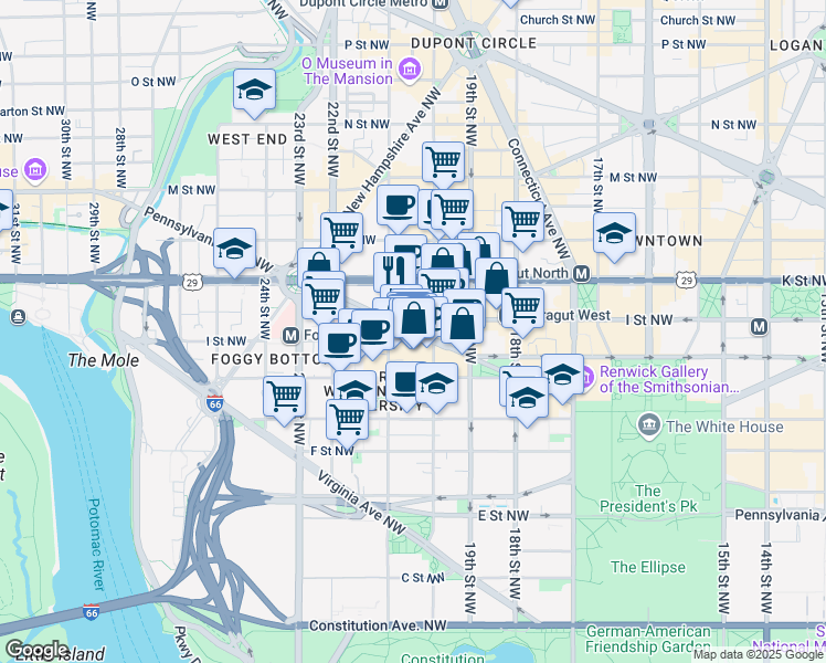 map of restaurants, bars, coffee shops, grocery stores, and more near 2003 Pennsylvania Avenue Northwest in Washington