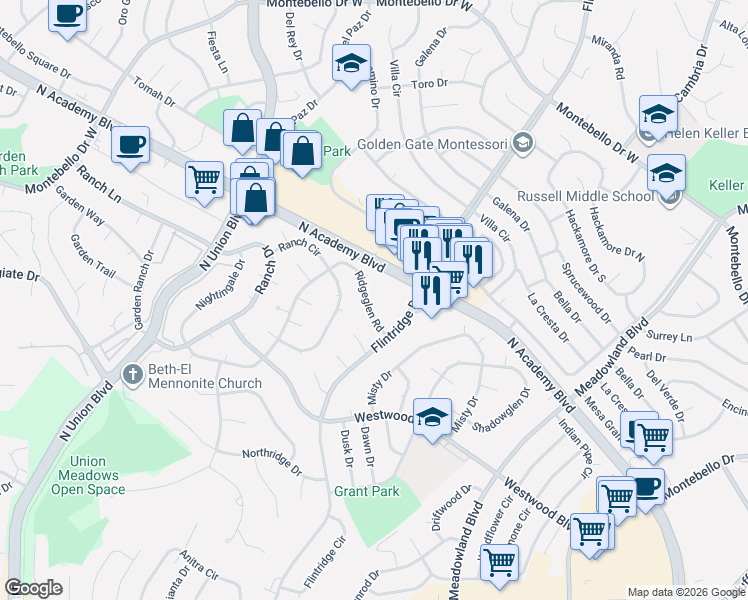 map of restaurants, bars, coffee shops, grocery stores, and more near 4644 Ridgeglen Road in Colorado Springs