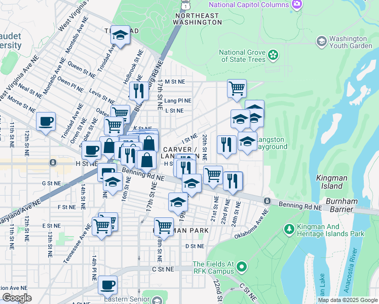 map of restaurants, bars, coffee shops, grocery stores, and more near 830 19th Street Northeast in Washington