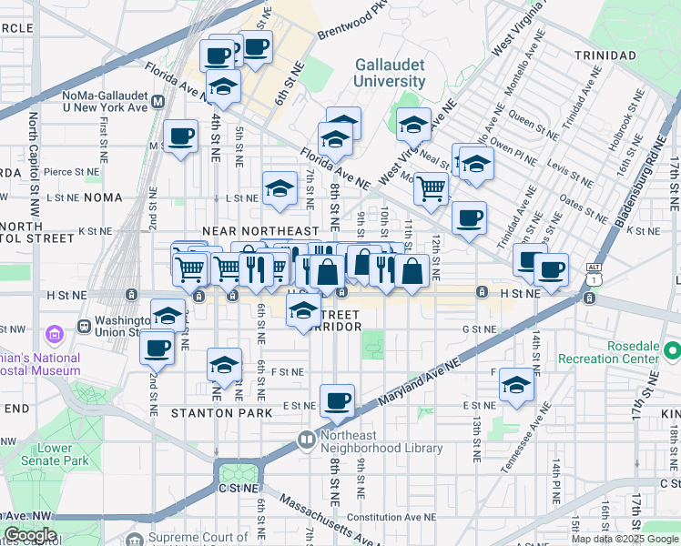 map of restaurants, bars, coffee shops, grocery stores, and more near 101 Independence Avenue Southeast in Washington