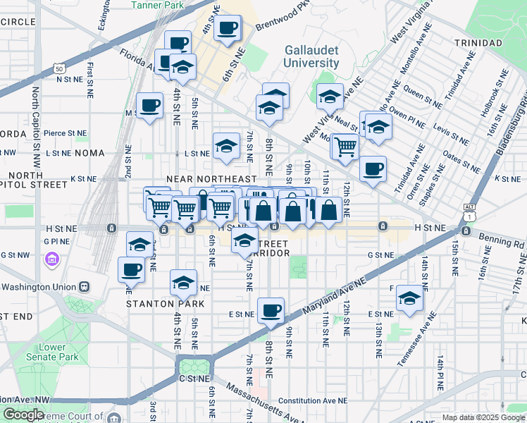 map of restaurants, bars, coffee shops, grocery stores, and more near 101 Independence Avenue Southeast in Washington