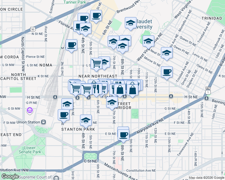 map of restaurants, bars, coffee shops, grocery stores, and more near 101 Independence Avenue Southeast in Washington