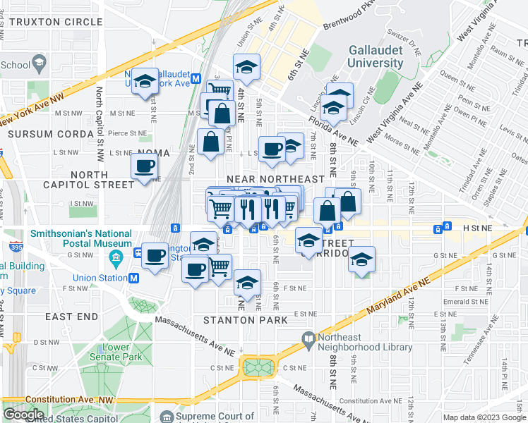 map of restaurants, bars, coffee shops, grocery stores, and more near 101 Independence Avenue Southeast in Washington