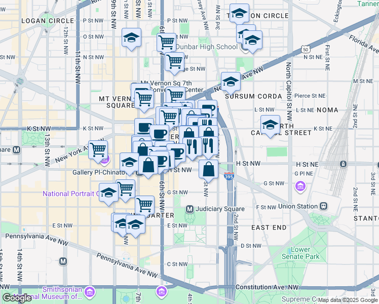 map of restaurants, bars, coffee shops, grocery stores, and more near 101 Independence Avenue Southeast in Washington