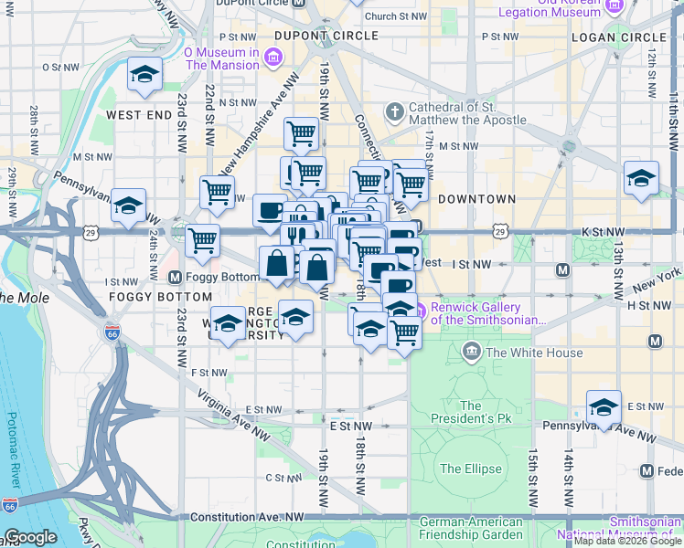 map of restaurants, bars, coffee shops, grocery stores, and more near 101 Independence Avenue Southeast in Washington