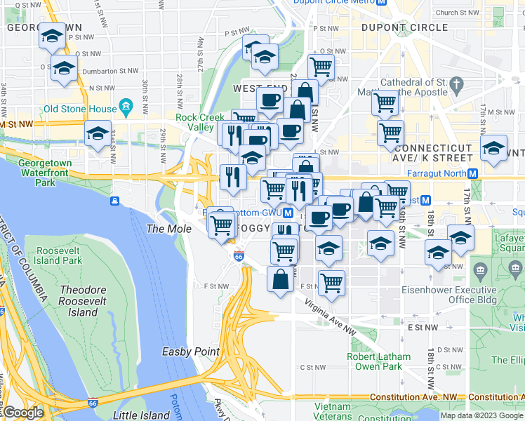 map of restaurants, bars, coffee shops, grocery stores, and more near 101 Independence Avenue Southeast in Washington