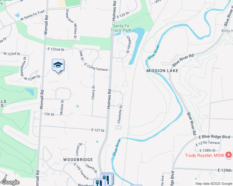 map of restaurants, bars, coffee shops, grocery stores, and more near 741 East 124 Street in Kansas City