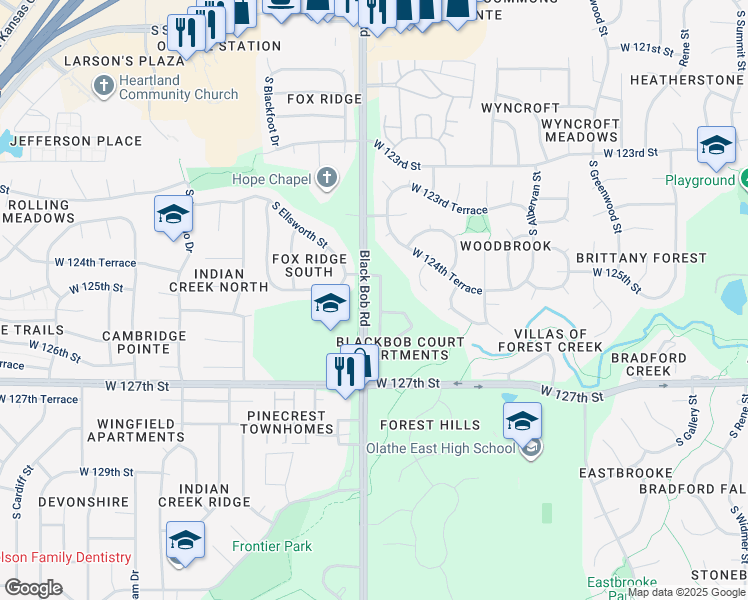 map of restaurants, bars, coffee shops, grocery stores, and more near 12520 South Constance Street in Olathe