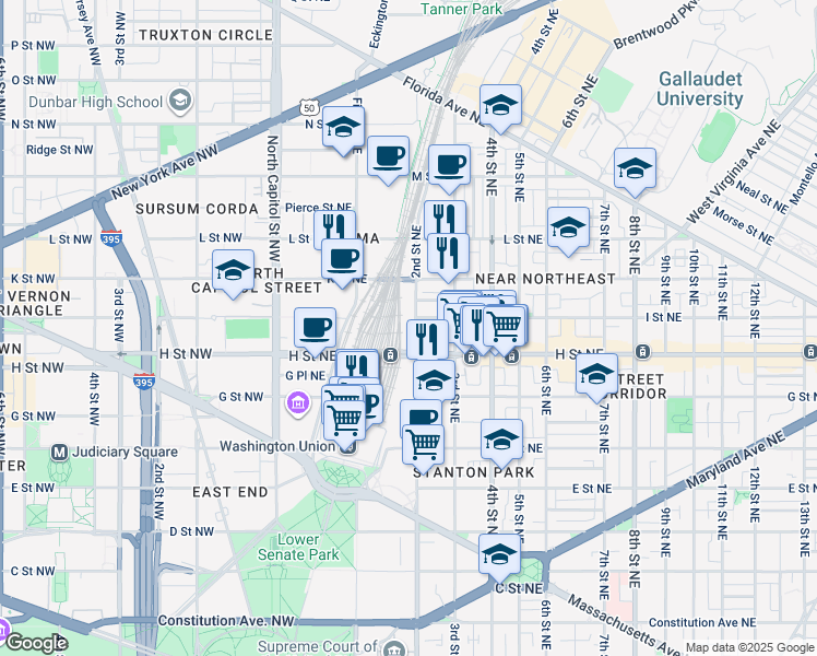 map of restaurants, bars, coffee shops, grocery stores, and more near 900 2nd Street Northeast in Washington
