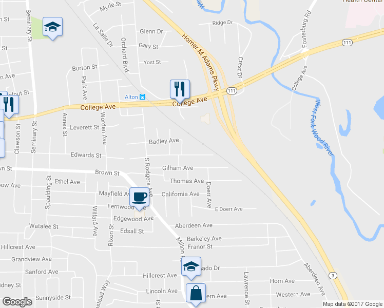 map of restaurants, bars, coffee shops, grocery stores, and more near 3526 Fullerton Avenue in Alton