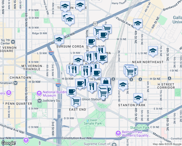 map of restaurants, bars, coffee shops, grocery stores, and more near 101 Independence Avenue Southeast in Washington