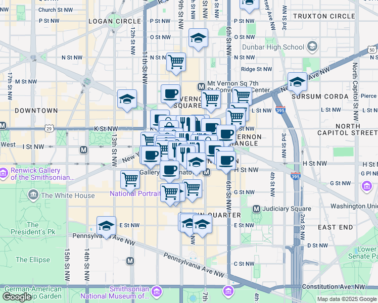 map of restaurants, bars, coffee shops, grocery stores, and more near 801 I Street Northwest in Washington