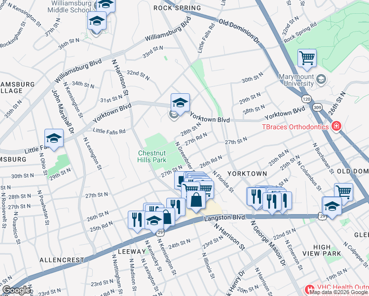 map of restaurants, bars, coffee shops, grocery stores, and more near 5218 27th Road North in Arlington